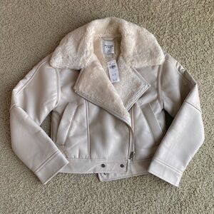 NEW - Abercrombie & Fitch - Vegan Leather Shearling Biker Jacket - XS - Cream